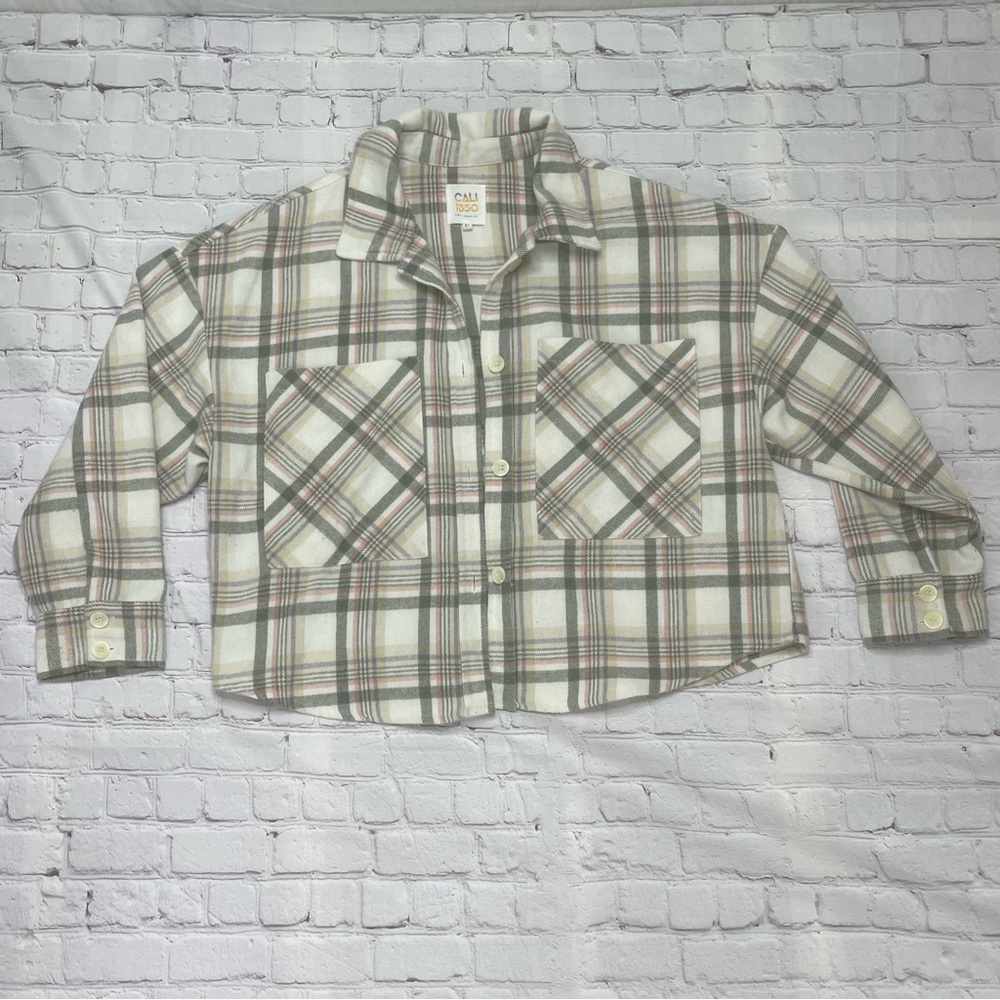 Cali 1850 Cropped Plaid Flannel Shacket - Cream/Taupe - Size XL
